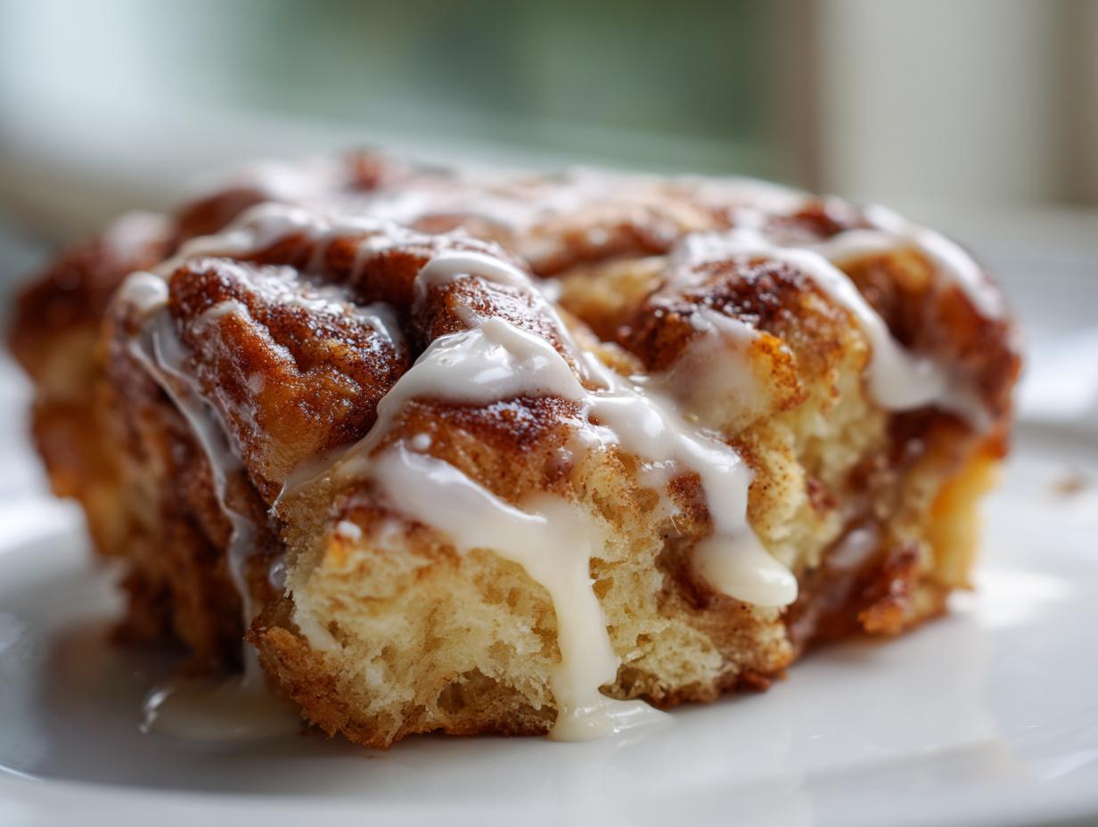 Close-up of a single serving of Cinnamon Roll Casserole, drizzled generously with white icing.