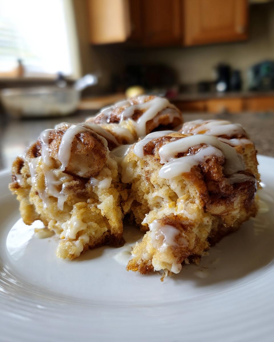 Close-up of several gooey, glazed portions of Cinnamon Roll Casserole served on a white plate.