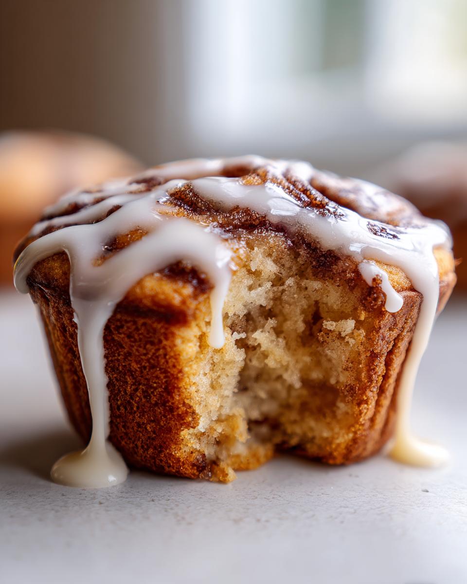 A close-up of a cinnamon roll muffin with a bite taken out, showing the soft interior and dripping vanilla icing.