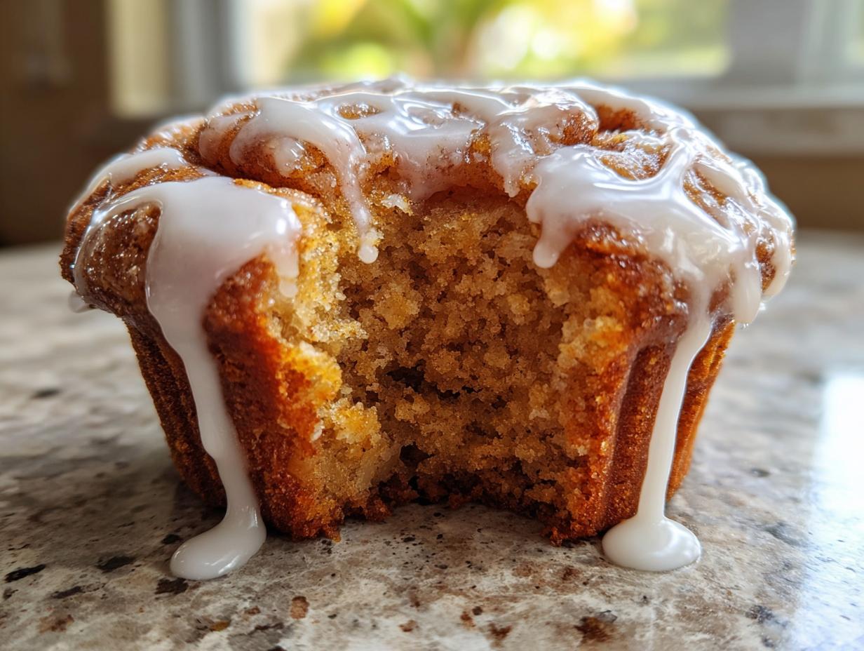 Close-up of a single, glazed cinnamon roll muffin with a bite removed, showing the soft interior.