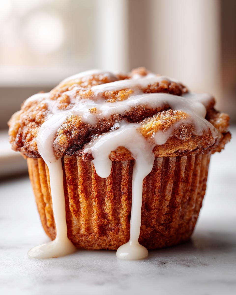 A single, freshly baked cinnamon roll muffin topped with thick, dripping vanilla glaze.