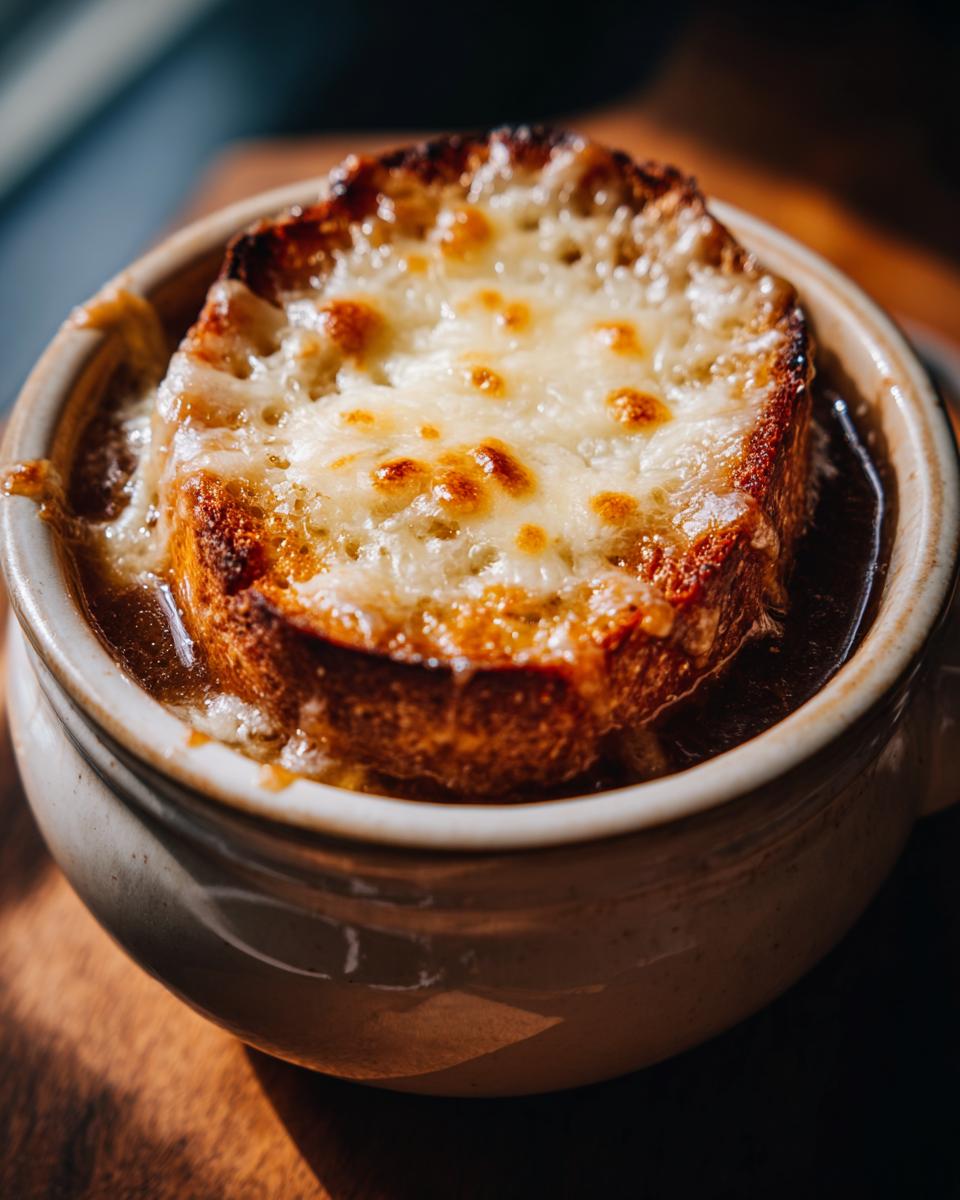 A close-up of classic french onion soup served in a crock with a thick, toasted crouton covered in bubbly, melted Gruyère cheese.