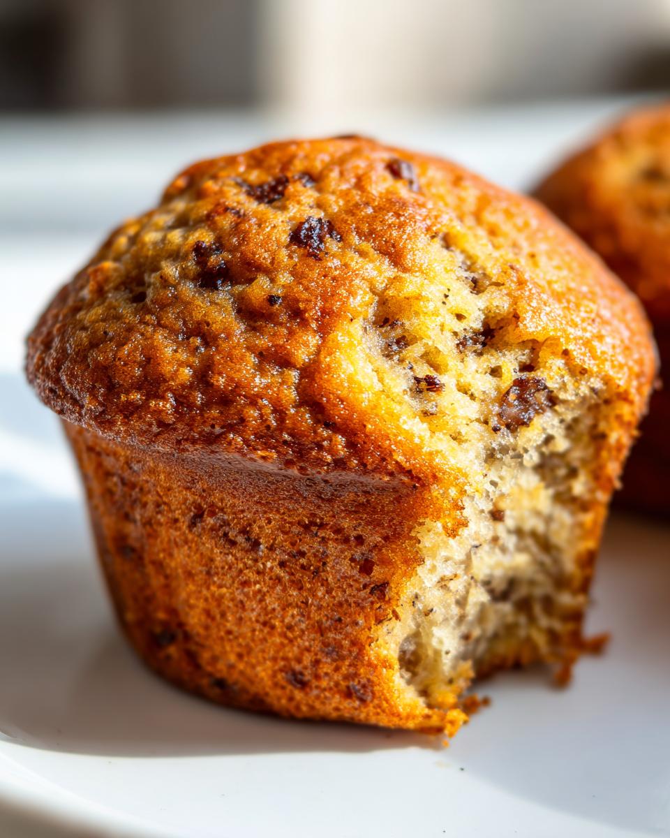 Close-up of a golden-brown banana nut muffin with a bite taken out, showing the moist interior and nuts.