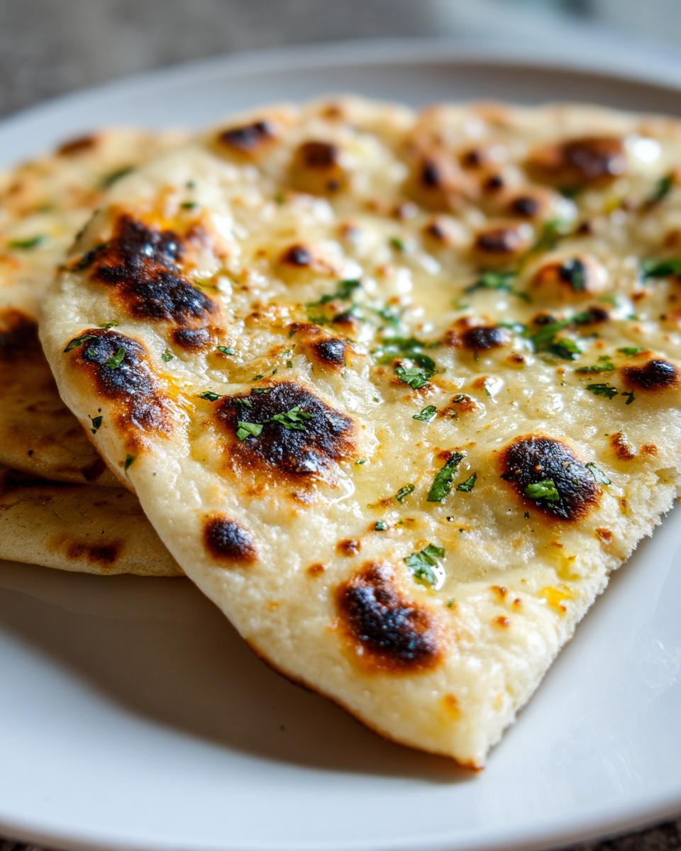 Close-up of freshly baked homemade naan bread, brushed with butter and sprinkled with green herbs.