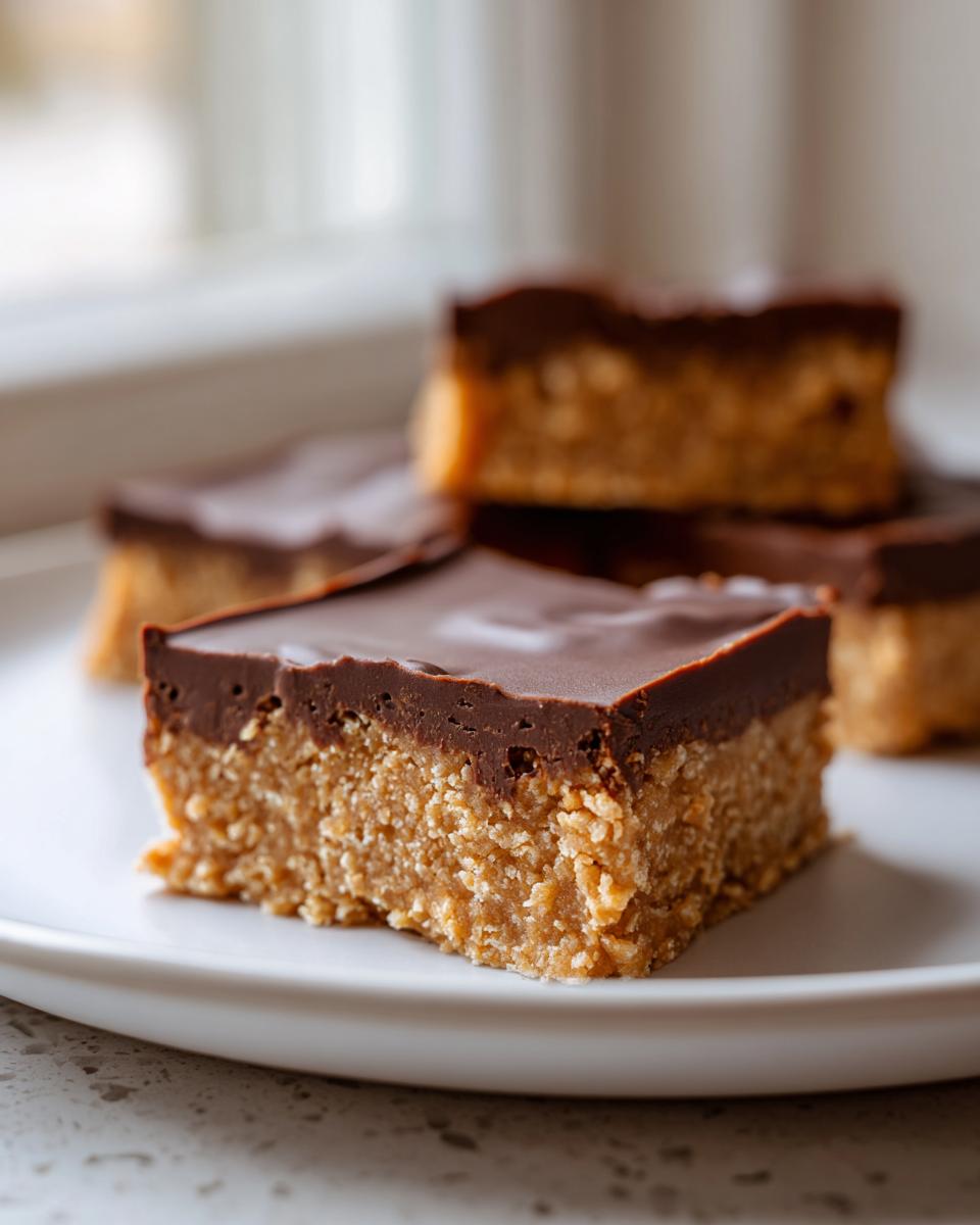 A close-up of a decadent peanut butter bars square showing the thick, textured peanut butter base and smooth chocolate topping.
