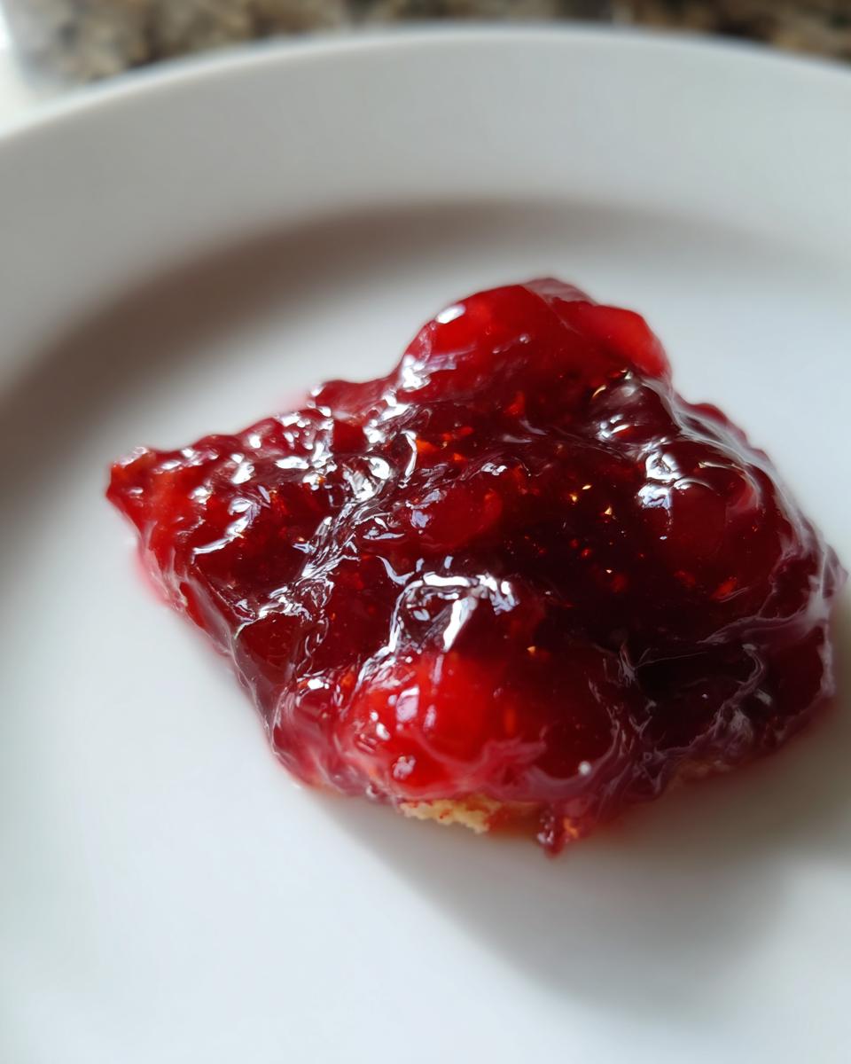 A close-up, macro shot of a dollop of glistening, deep red christmas jam resting on a white surface.