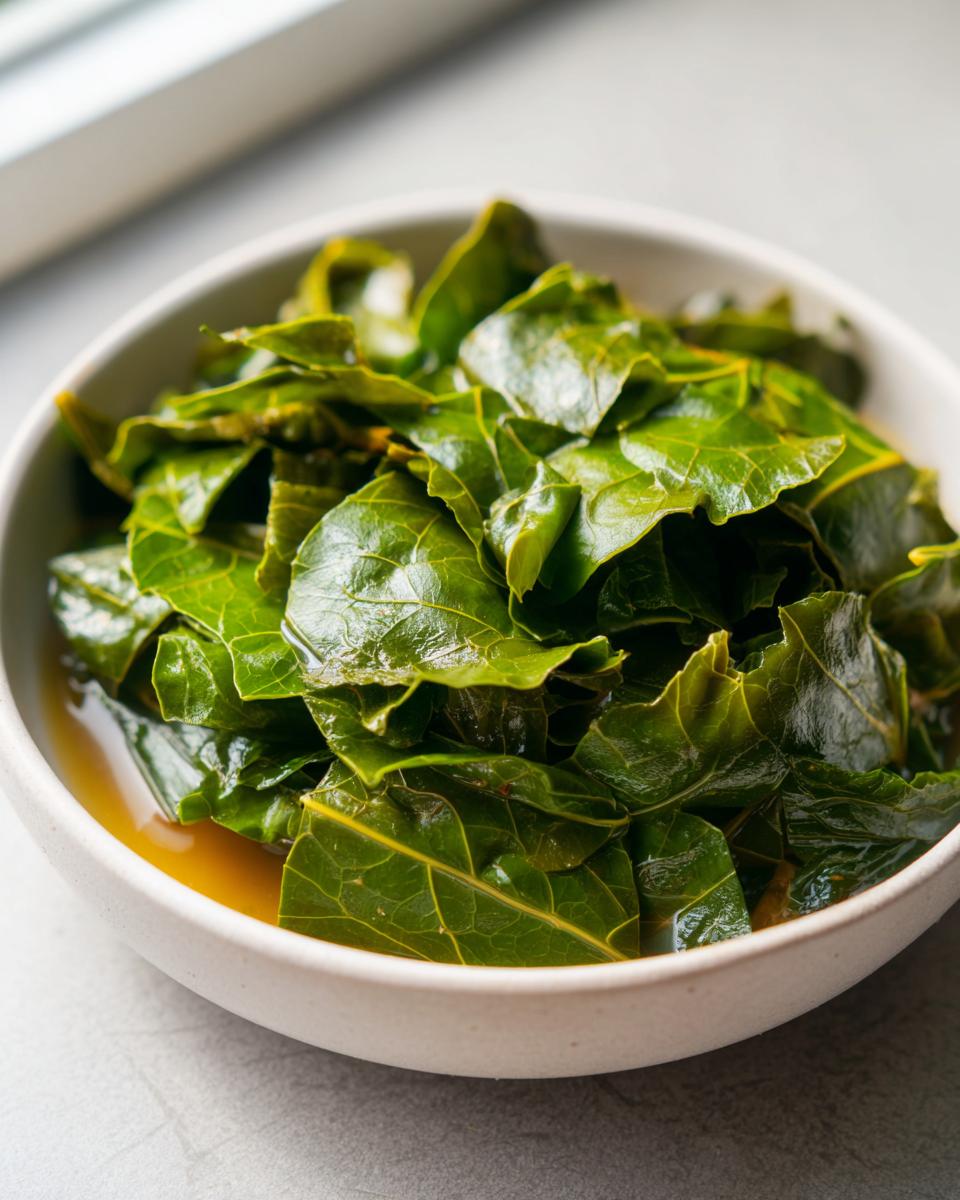 Close-up of bright green, tender cooked collard greens served in a light-colored bowl with savory broth.