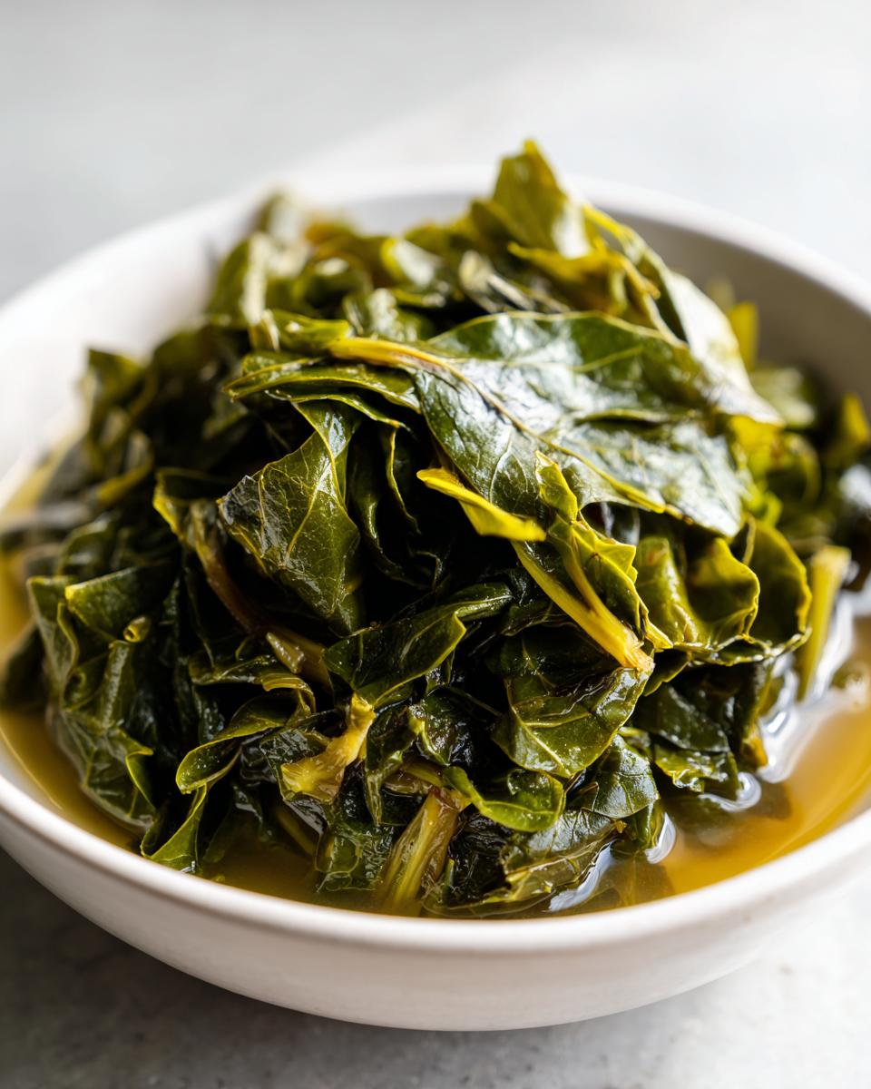 Close-up of tender, dark green collard greens served in a white bowl with savory cooking liquid.