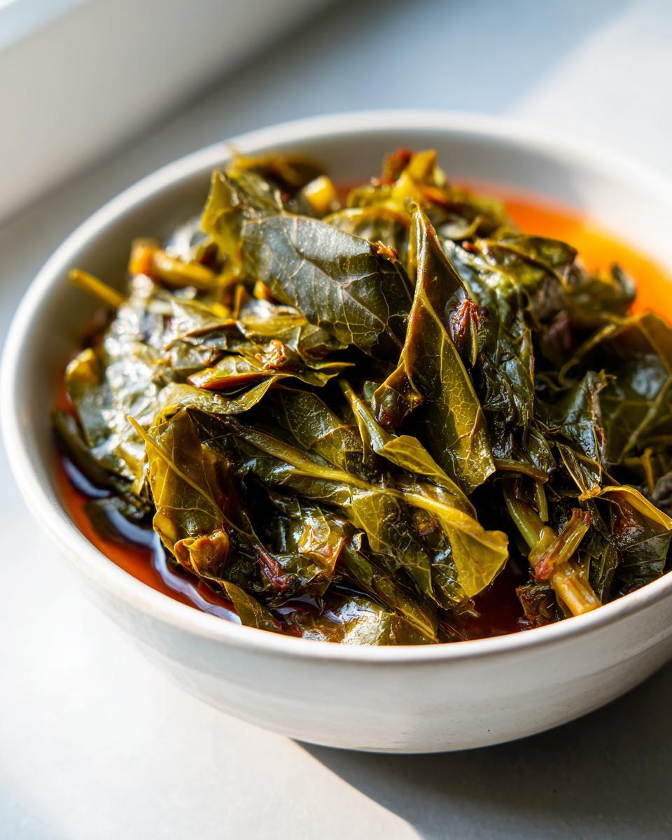 Close-up of tender, dark green collard greens simmering in a rich, reddish broth inside a white bowl.