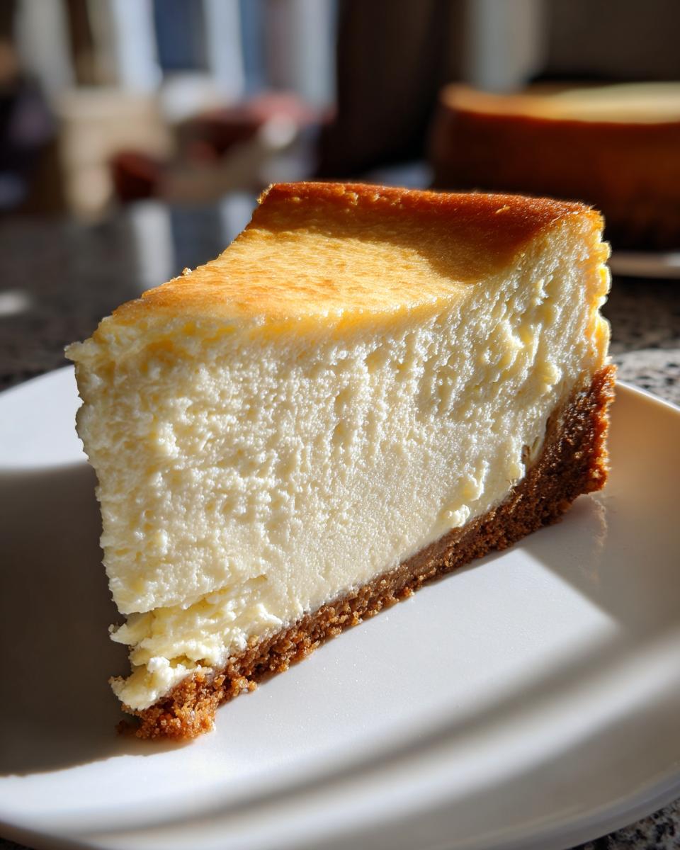 A perfect, tall slice of creamy cheesecake with a golden top and graham cracker crust, part of our amazing cheesecake recipe.