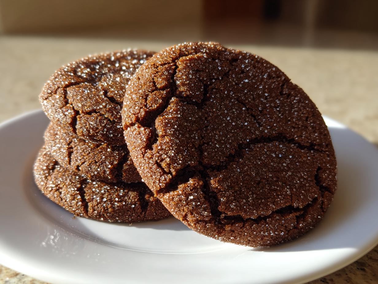 Close-up of three dark, cracked ginger molasses cookies stacked lightly on a white plate, covered in sparkling sugar crystals.