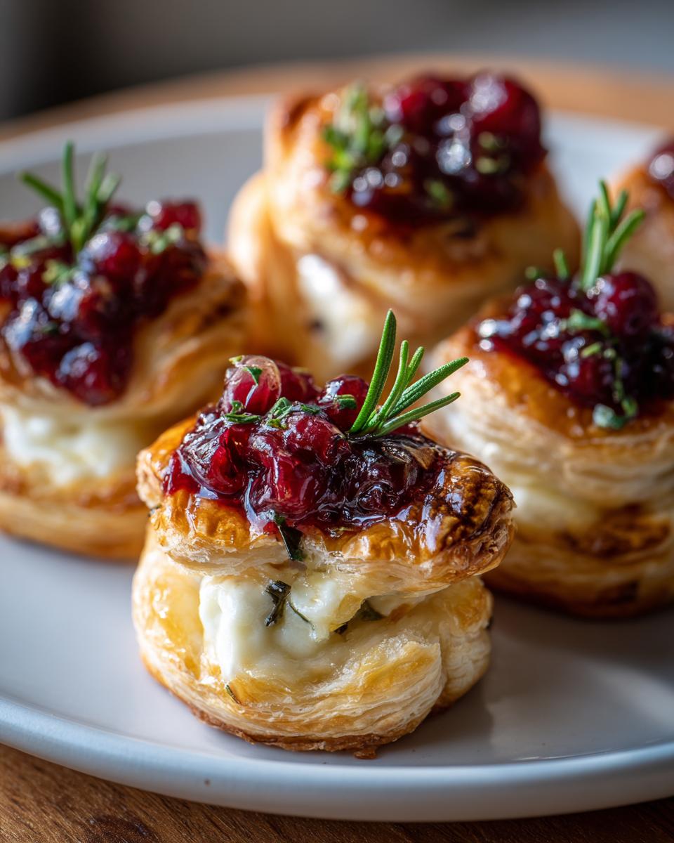 Close-up of warm cranberry brie bites made with flaky pastry, melted brie, and topped with cranberry sauce and rosemary.