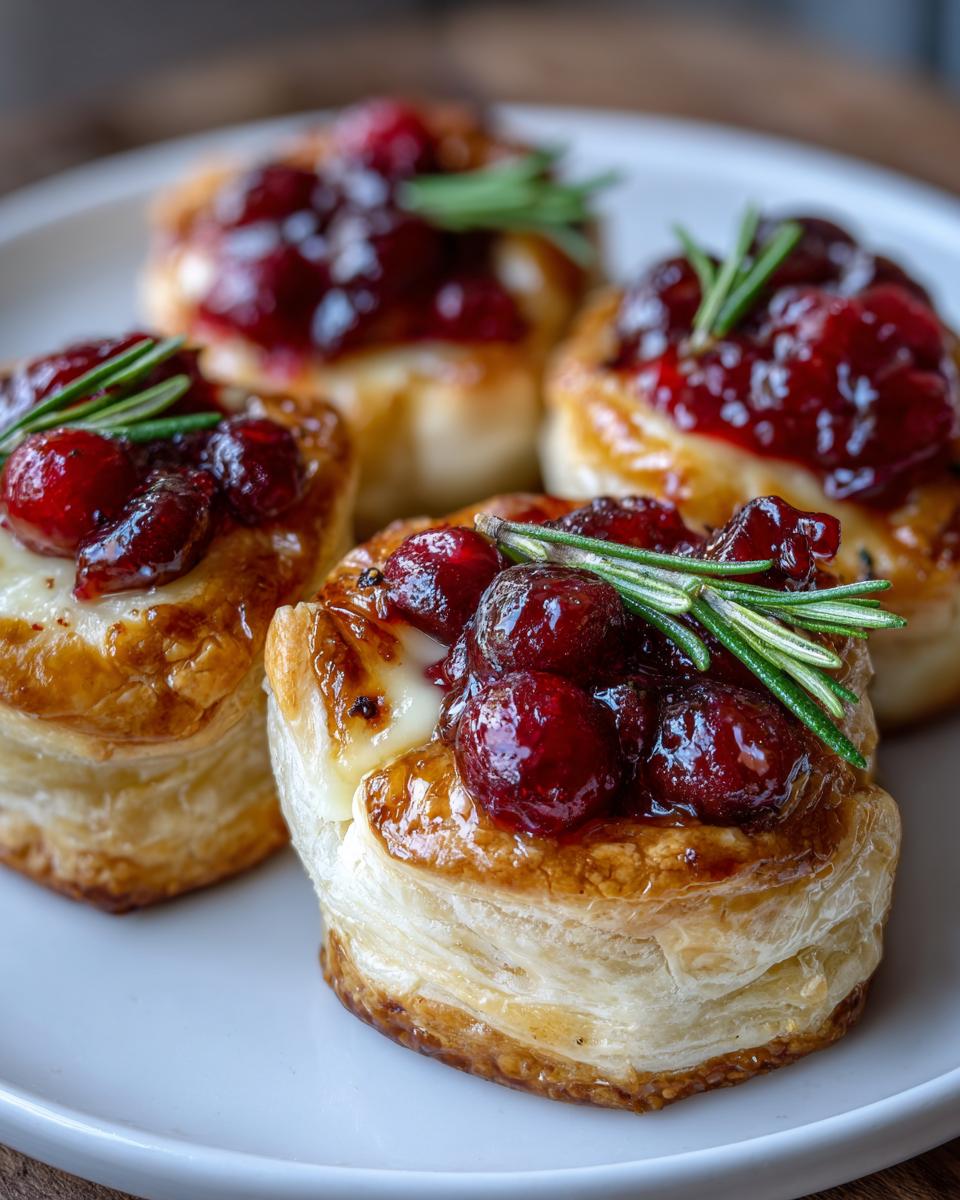 Close-up of four golden cranberry brie bites made with puff pastry, topped with glossy cranberry sauce and fresh rosemary sprigs.