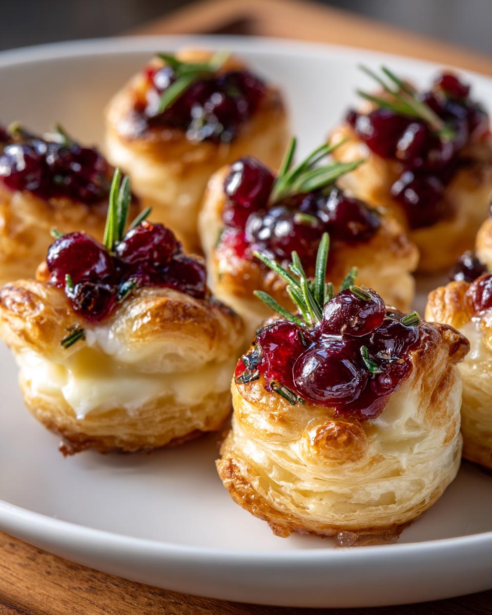 Close-up of warm cranberry brie bites made with flaky puff pastry, melted brie, and topped with cranberry sauce and fresh rosemary.