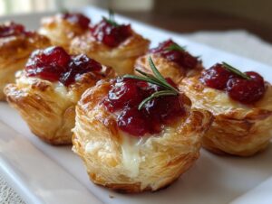 Close-up of baked cranberry brie bites made with flaky puff pastry, topped with cranberry sauce and a sprig of rosemary.