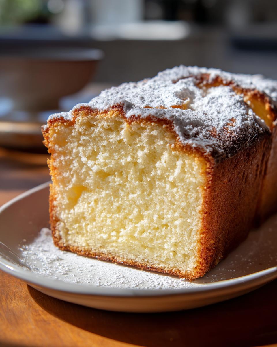 A close-up of a slice of rich, yellow cream cheese pound cake dusted generously with powdered sugar.