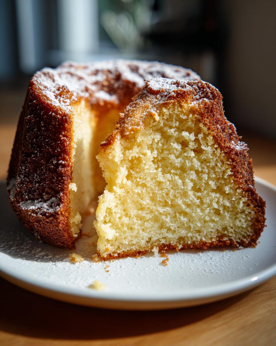 A slice cut from a golden brown cream cheese pound cake, dusted with powdered sugar, sitting on a white plate.