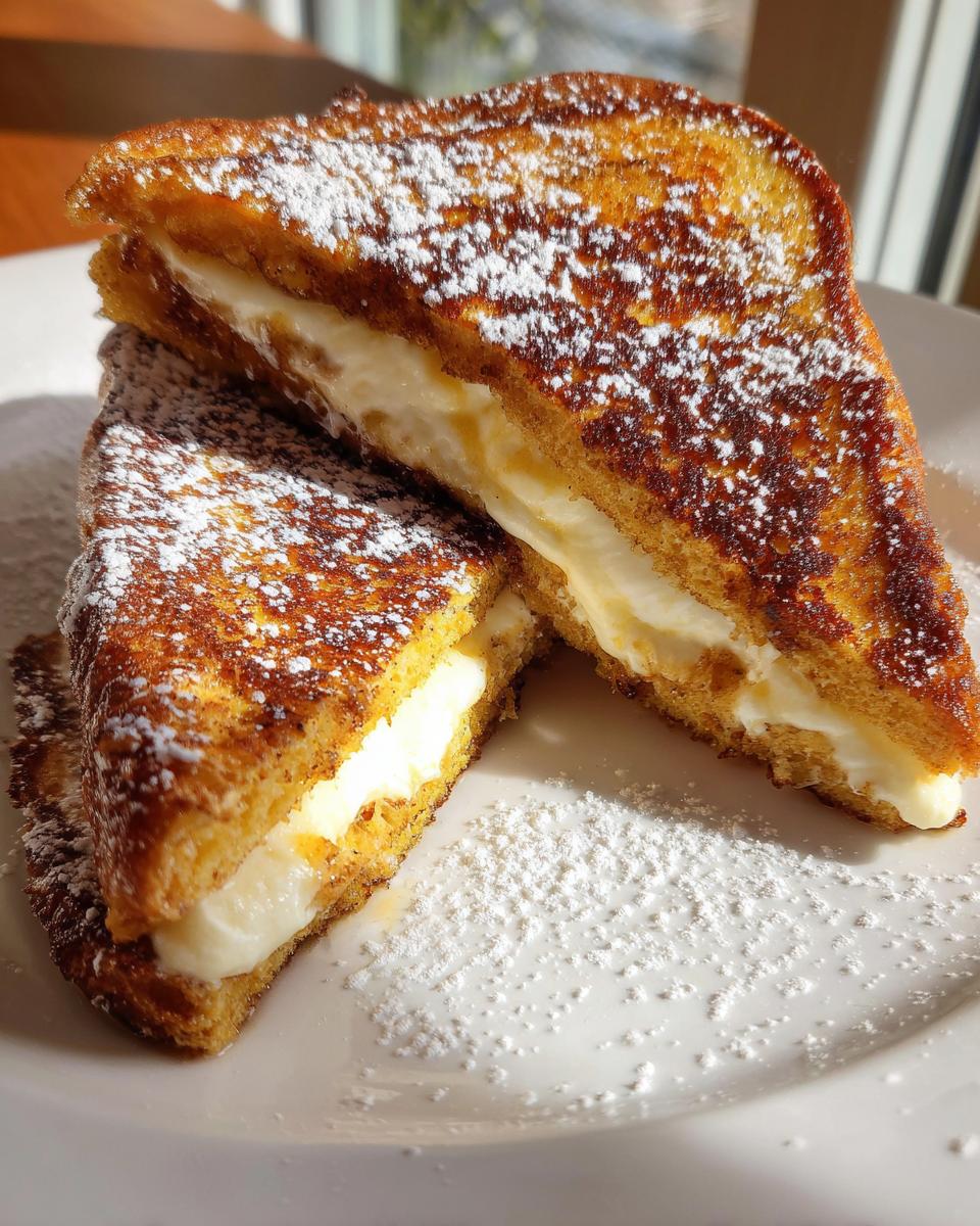 Two golden brown halves of cream cheese stuffed french toast dusted heavily with powdered sugar.