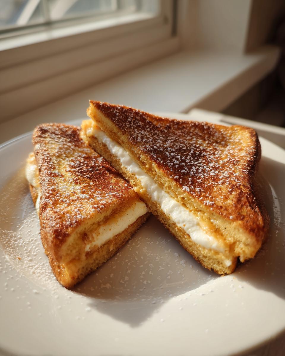 Two golden brown halves of cream cheese stuffed french toast dusted with powdered sugar.