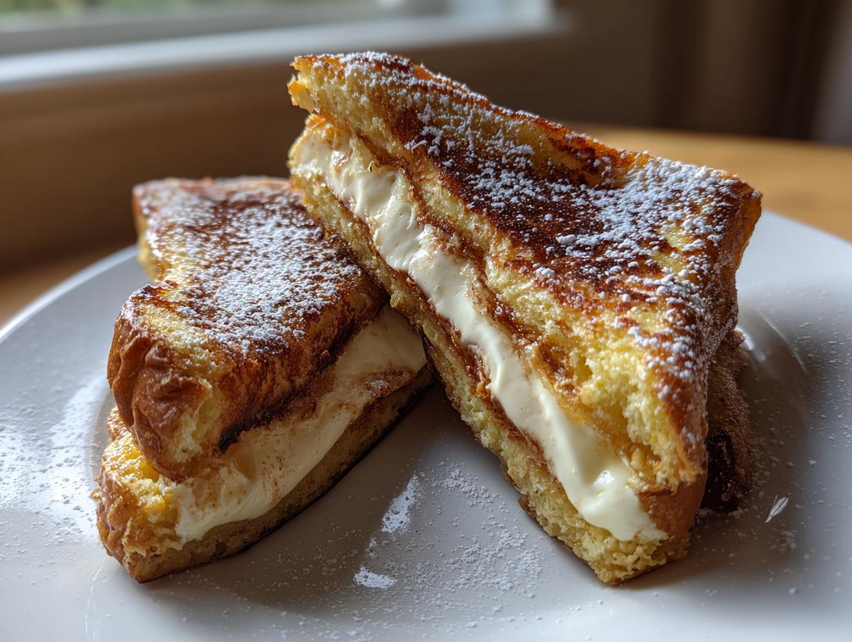 Two halves of golden brown cream cheese stuffed french toast dusted with powdered sugar on a white plate.