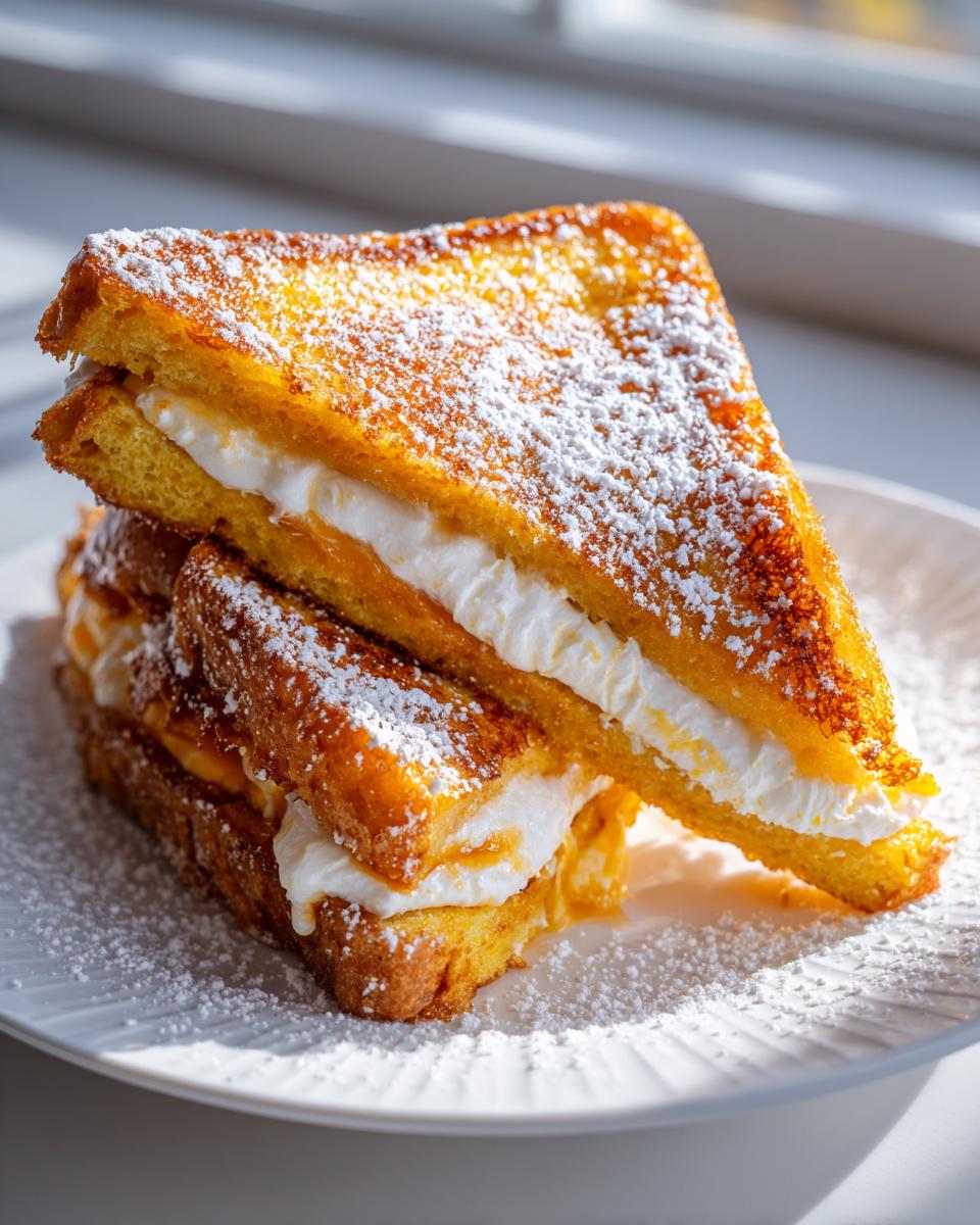 Two stacked halves of golden brown cream cheese stuffed french toast dusted heavily with powdered sugar.