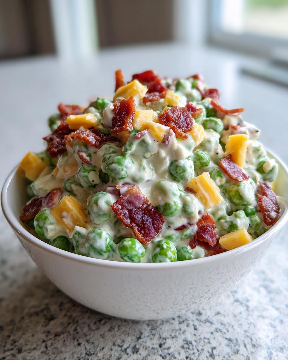 Close-up of creamy pea salad topped with crumbled bacon and cheddar cheese cubes.