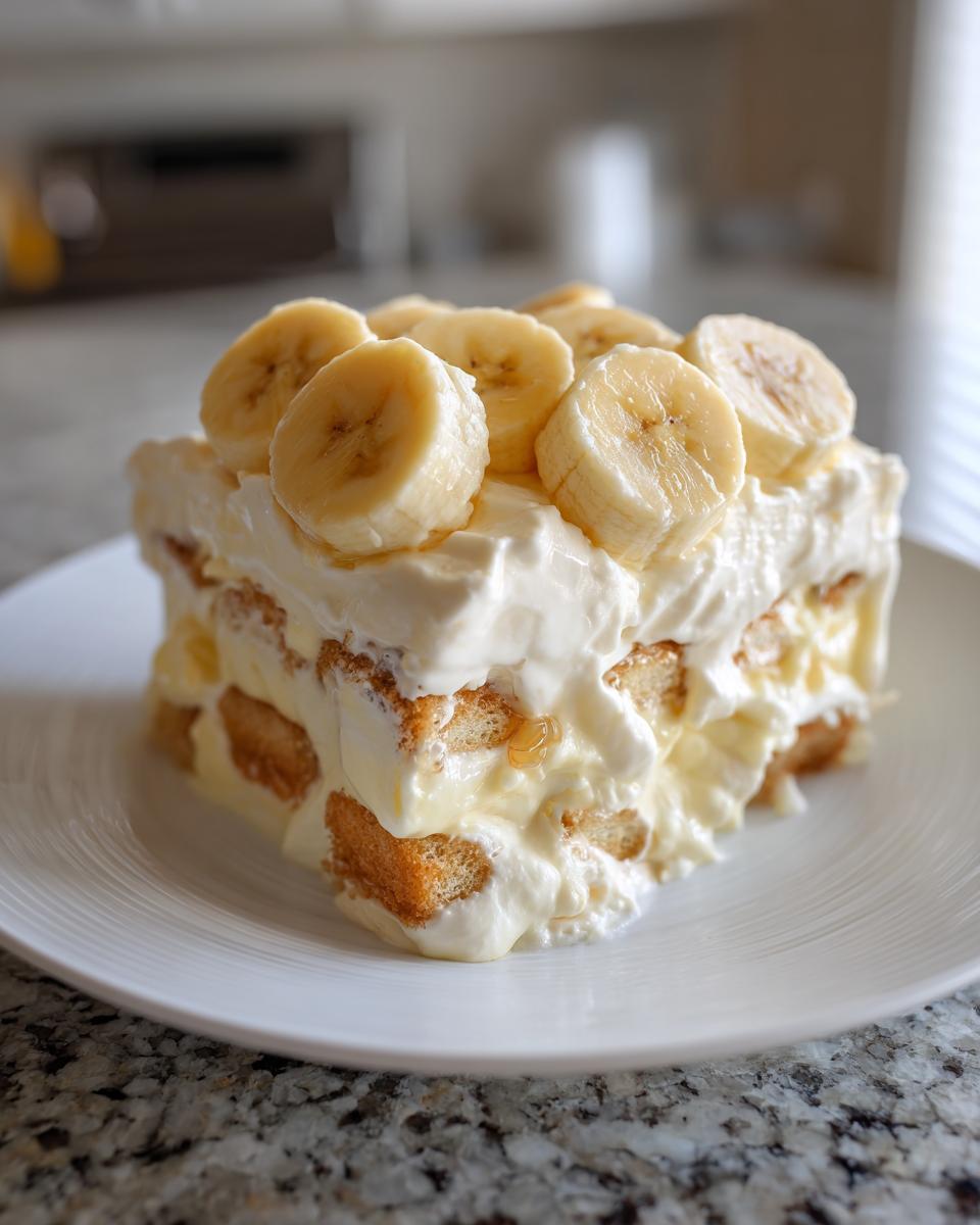 A generous slice of layered banana pudding featuring vanilla wafers, custard, and whipped cream, topped with fresh banana slices.