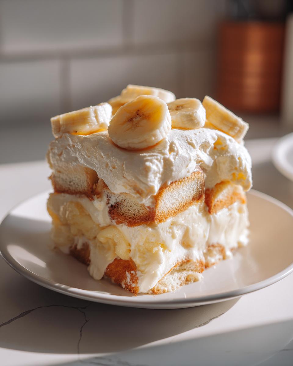 A perfect slice of layered banana pudding featuring vanilla wafers, creamy custard, and topped with fresh banana slices.