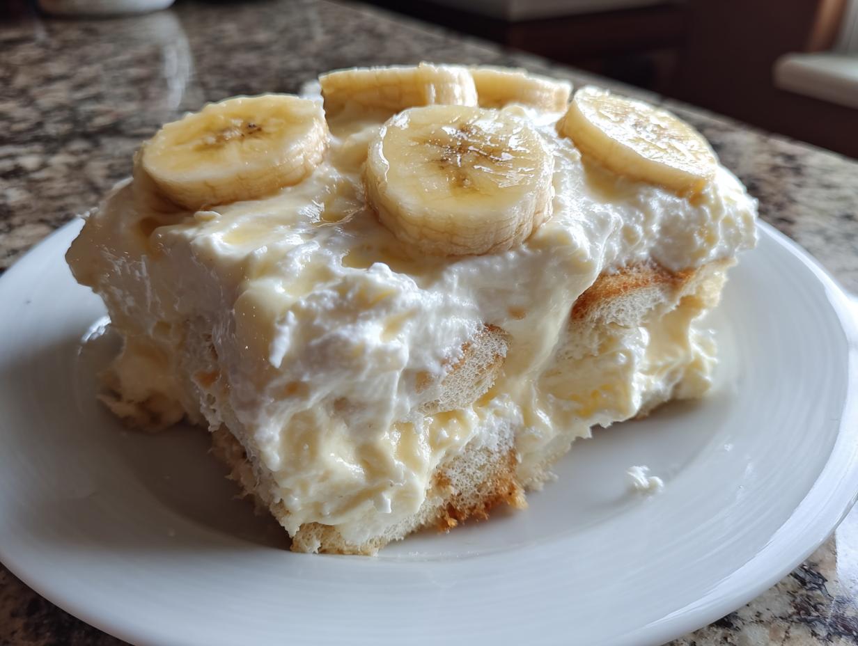 A generous serving of creamy banana pudding layered with wafers and topped with sliced bananas.