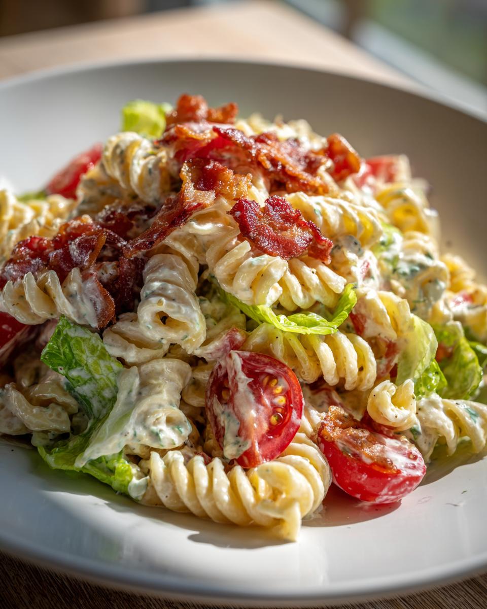 Close-up of a creamy blt pasta salad featuring rotini pasta, crisp lettuce, cherry tomatoes, and crispy bacon.