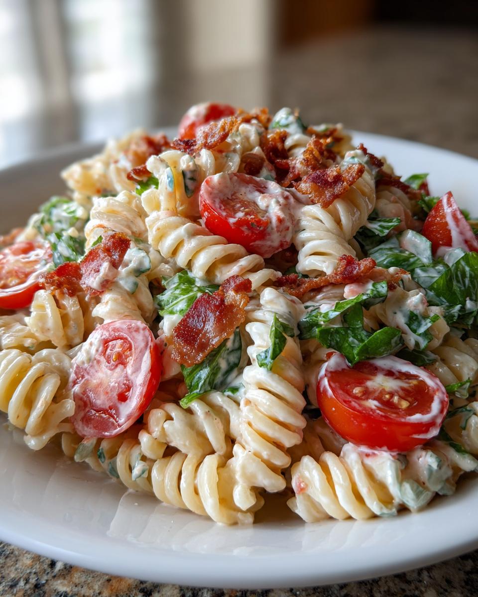 Close-up of creamy blt pasta salad featuring fusilli pasta, halved cherry tomatoes, and crispy bacon bits.