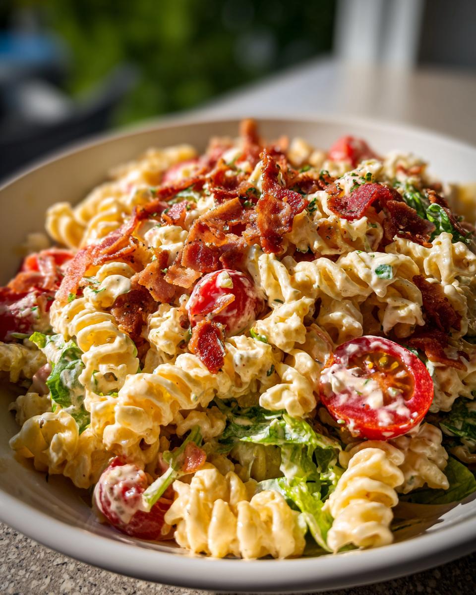Close-up of a bowl of creamy blt pasta salad featuring rotini pasta, cherry tomatoes, lettuce, and crispy bacon bits.