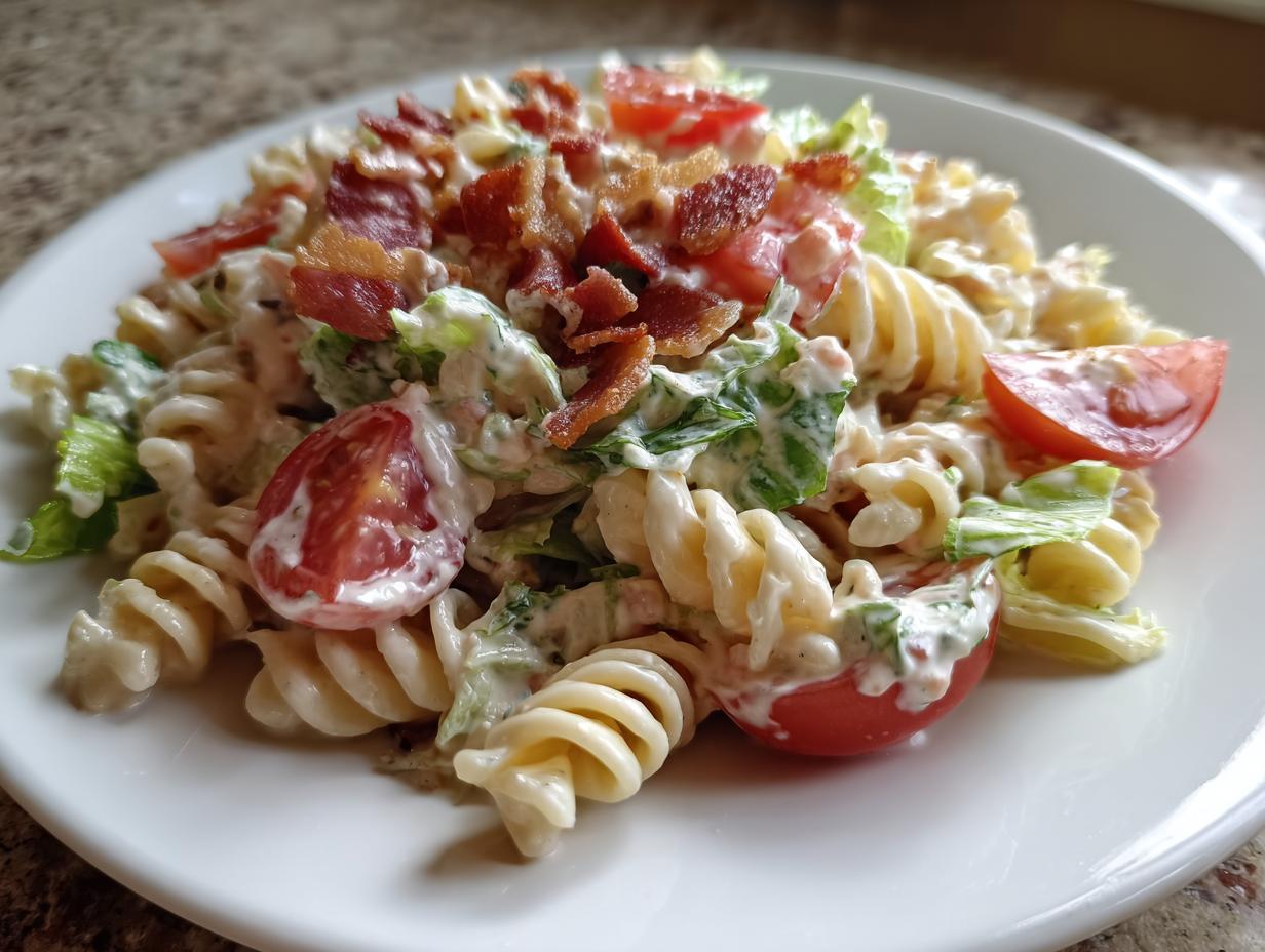 A close-up of a serving of creamy blt pasta salad featuring rotini pasta, chopped lettuce, cherry tomatoes, and crispy bacon bits.
