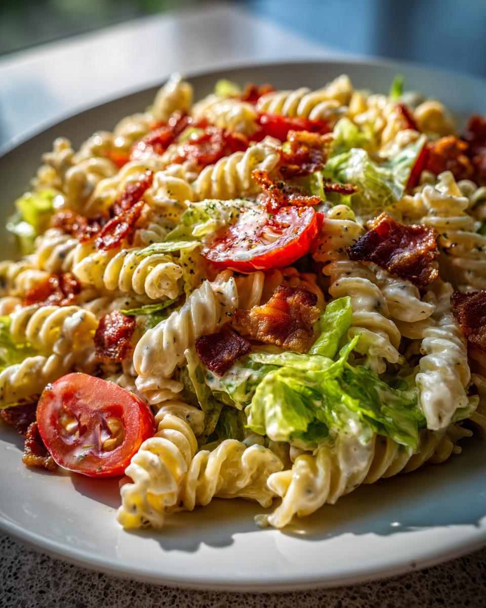 Close-up of a creamy blt pasta salad featuring rotini pasta, crisp lettuce, bacon bits, and fresh tomato slices.