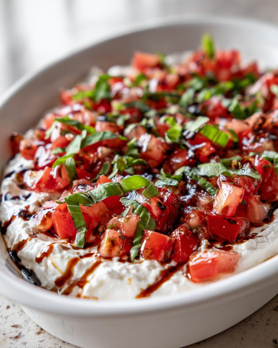 A close-up of a creamy, white bruschetta dip topped with diced tomatoes, fresh basil, and a balsamic glaze drizzle.