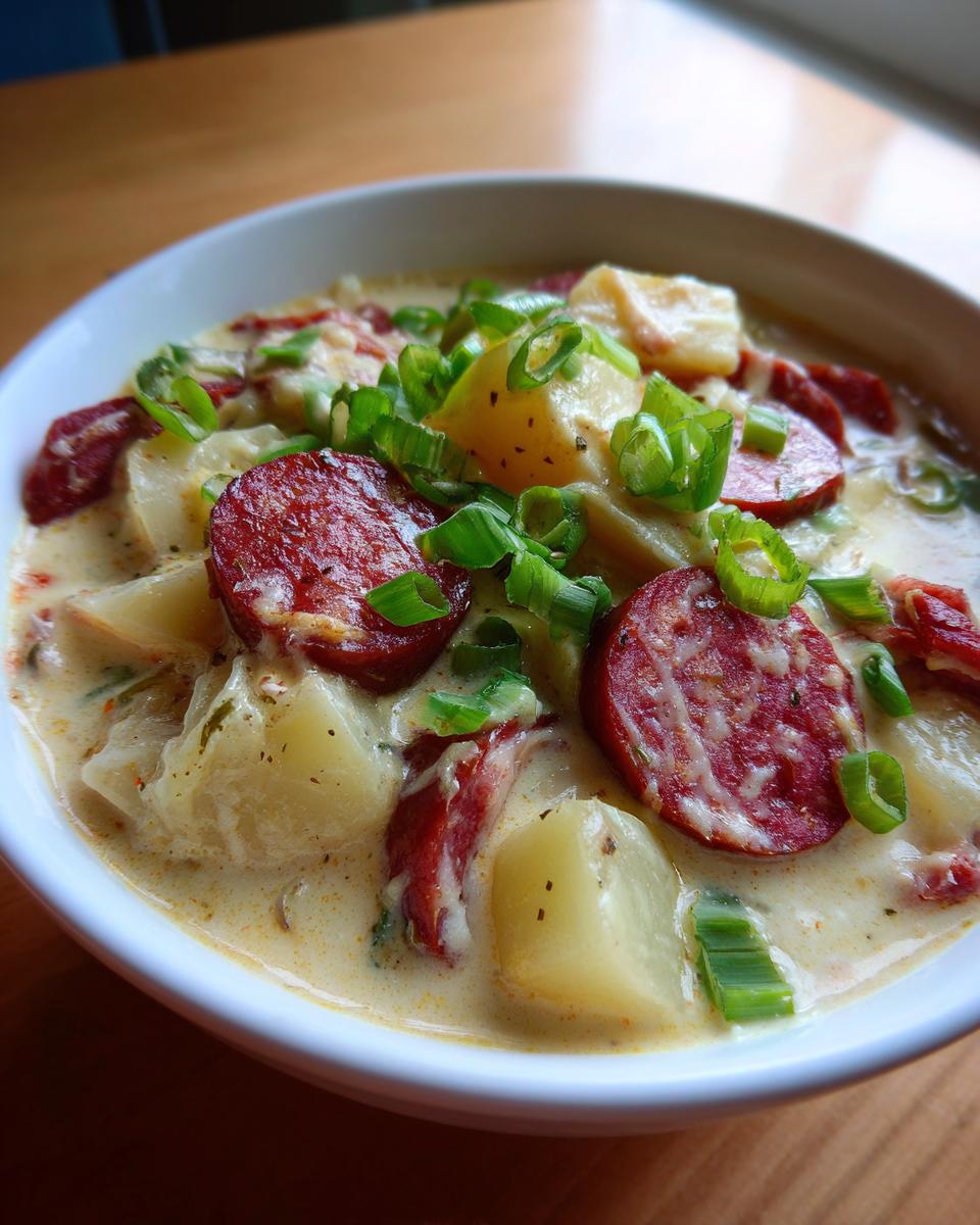 Close-up of a white bowl filled with creamy Cajun potato soup, featuring chunks of potato, sliced sausage, and green onions.