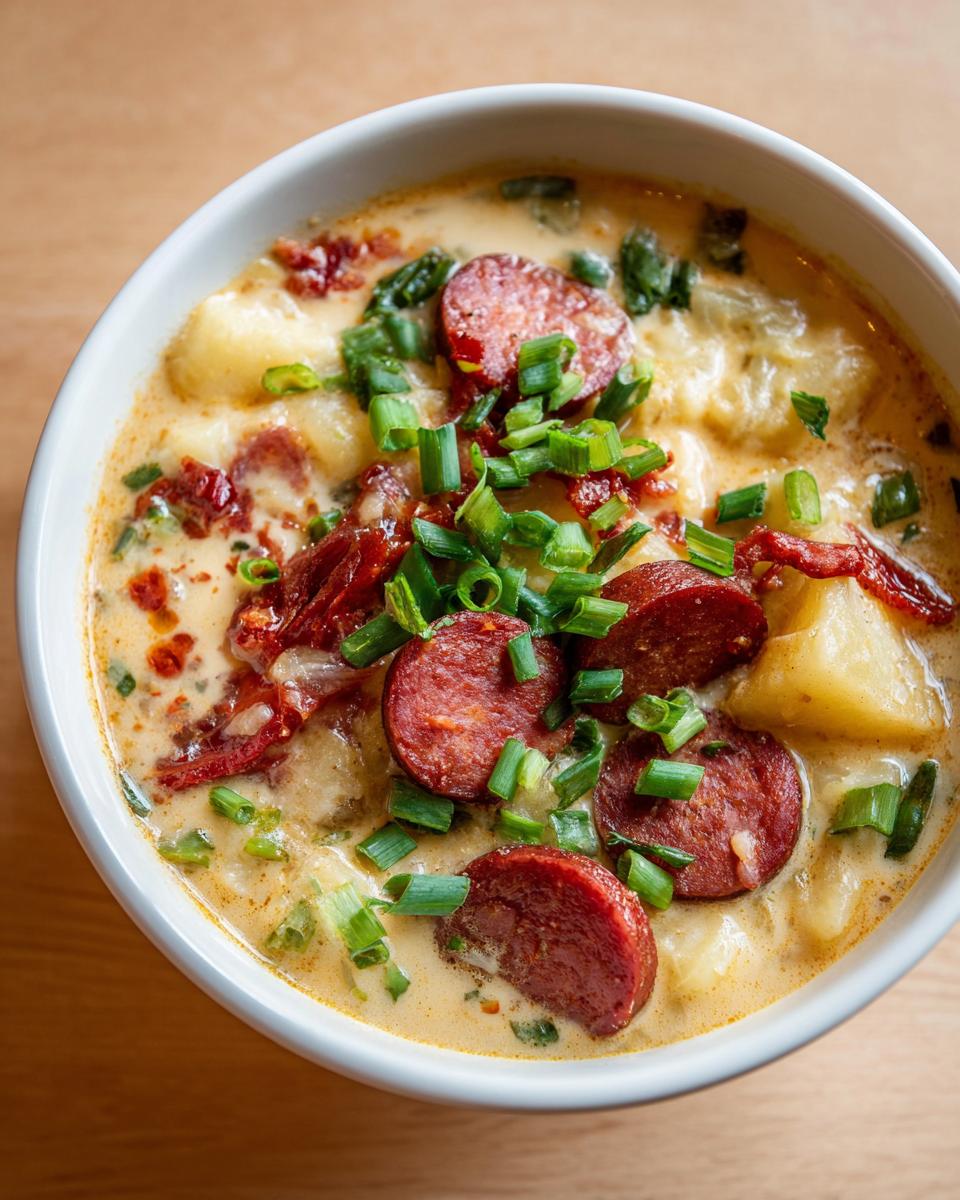Close-up of a bowl of creamy Cajun potato soup topped with sliced sausage and green onions.