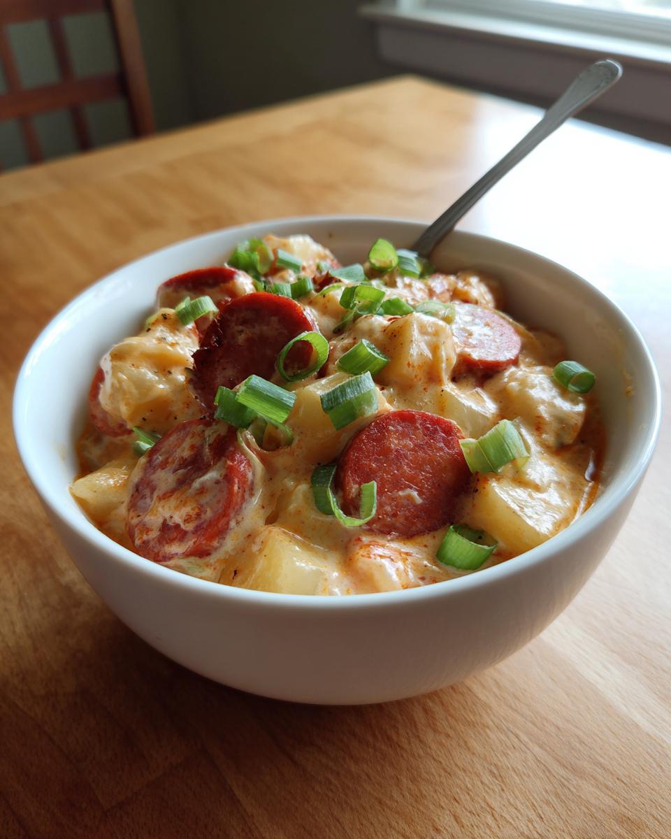 A white bowl filled with creamy Cajun potato soup, topped with sliced smoked sausage and green onions.