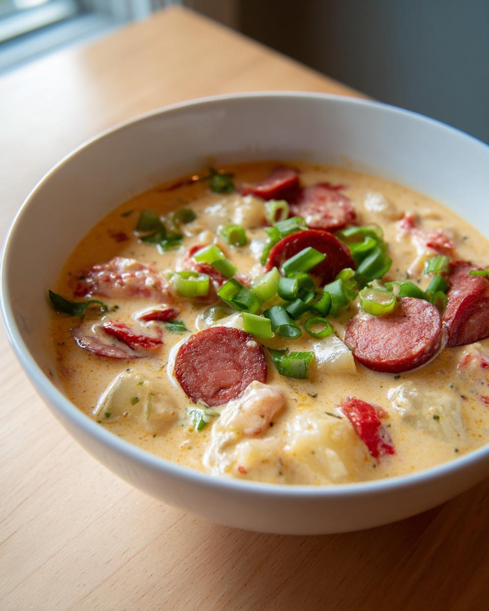 A close-up of a creamy bowl of cajun potato soup topped with slices of smoked sausage and green onions.