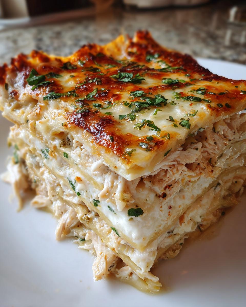 A close-up of a layered slice of chicken alfredo lasagna with a golden, cheesy top.