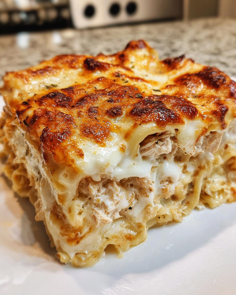 A close-up shot of a rich, cheesy slice of chicken alfredo lasagna with a golden-brown, bubbly top.