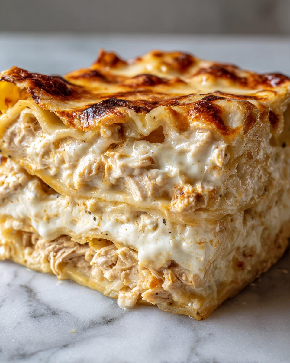 A thick, creamy slice of chicken alfredo lasagna showing layers of pasta, shredded chicken, and rich white sauce.