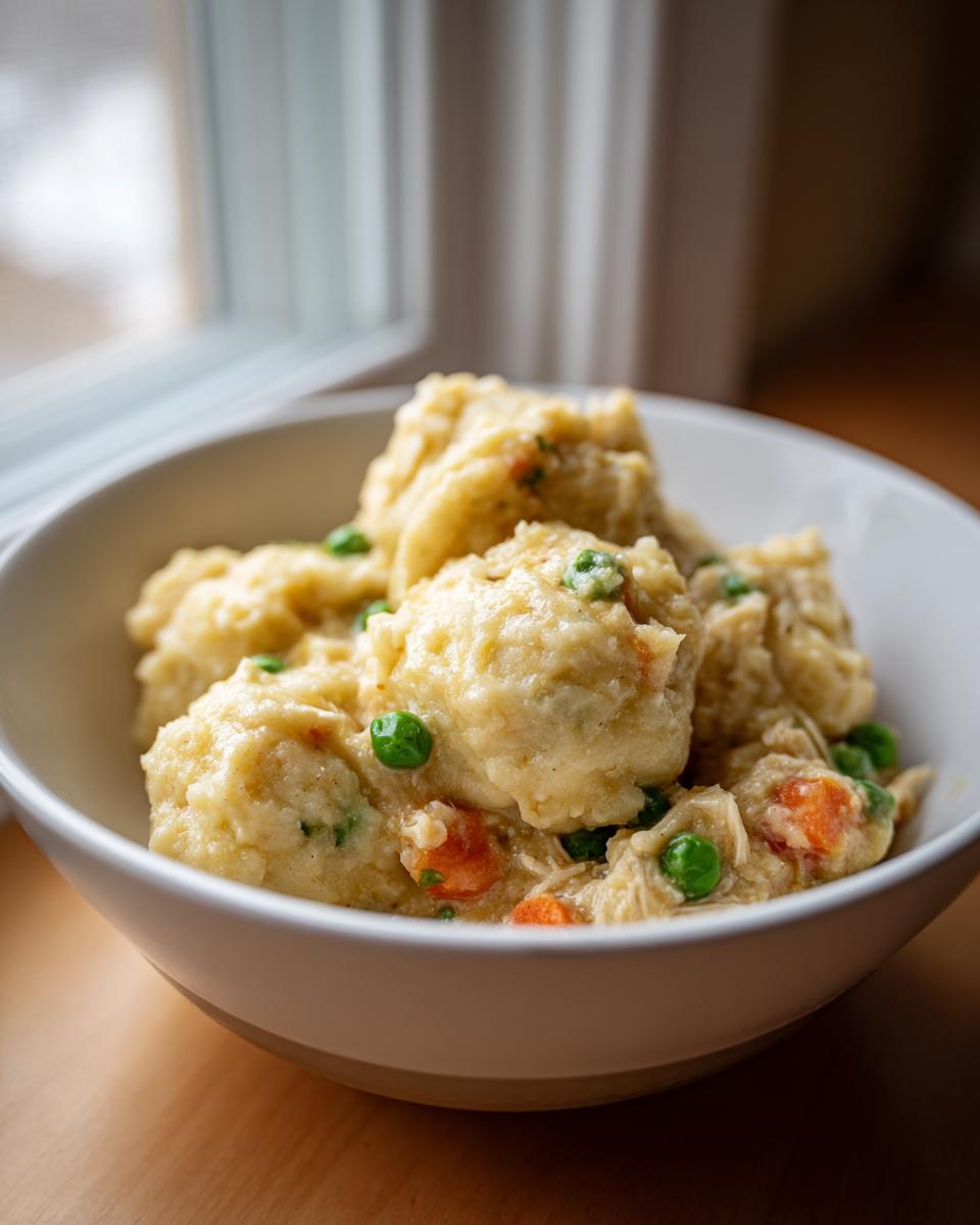 Close-up of creamy chicken and dumplings with bright green peas and orange carrots in a white bowl.
