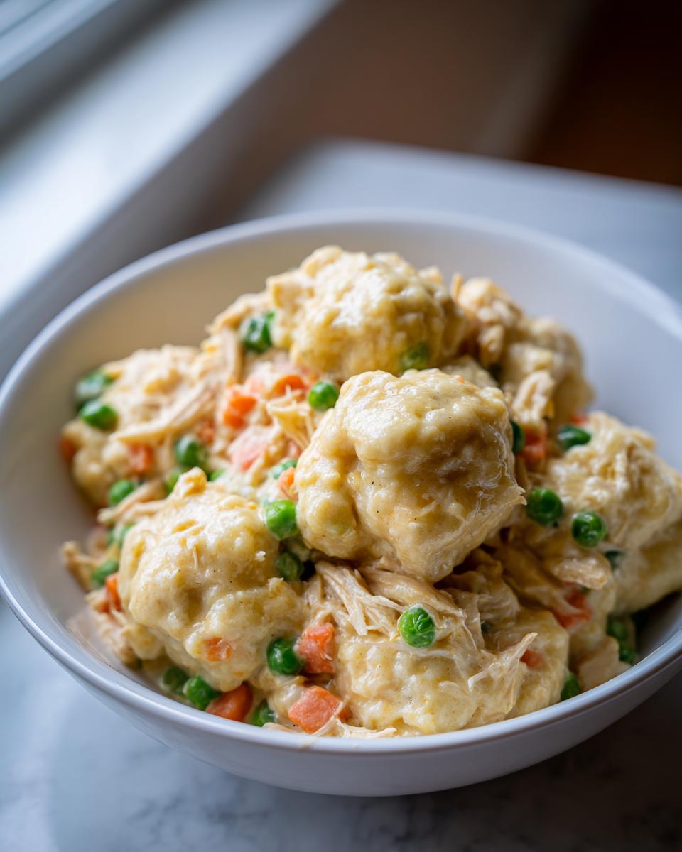 Close-up of creamy chicken and vegetable stew topped with fluffy dumplings, featuring peas and carrots. Delicious dumplings recipe.
