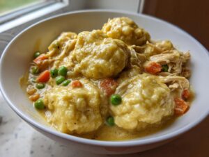 A close-up of creamy chicken and dumplings served in a white bowl with peas and carrots.