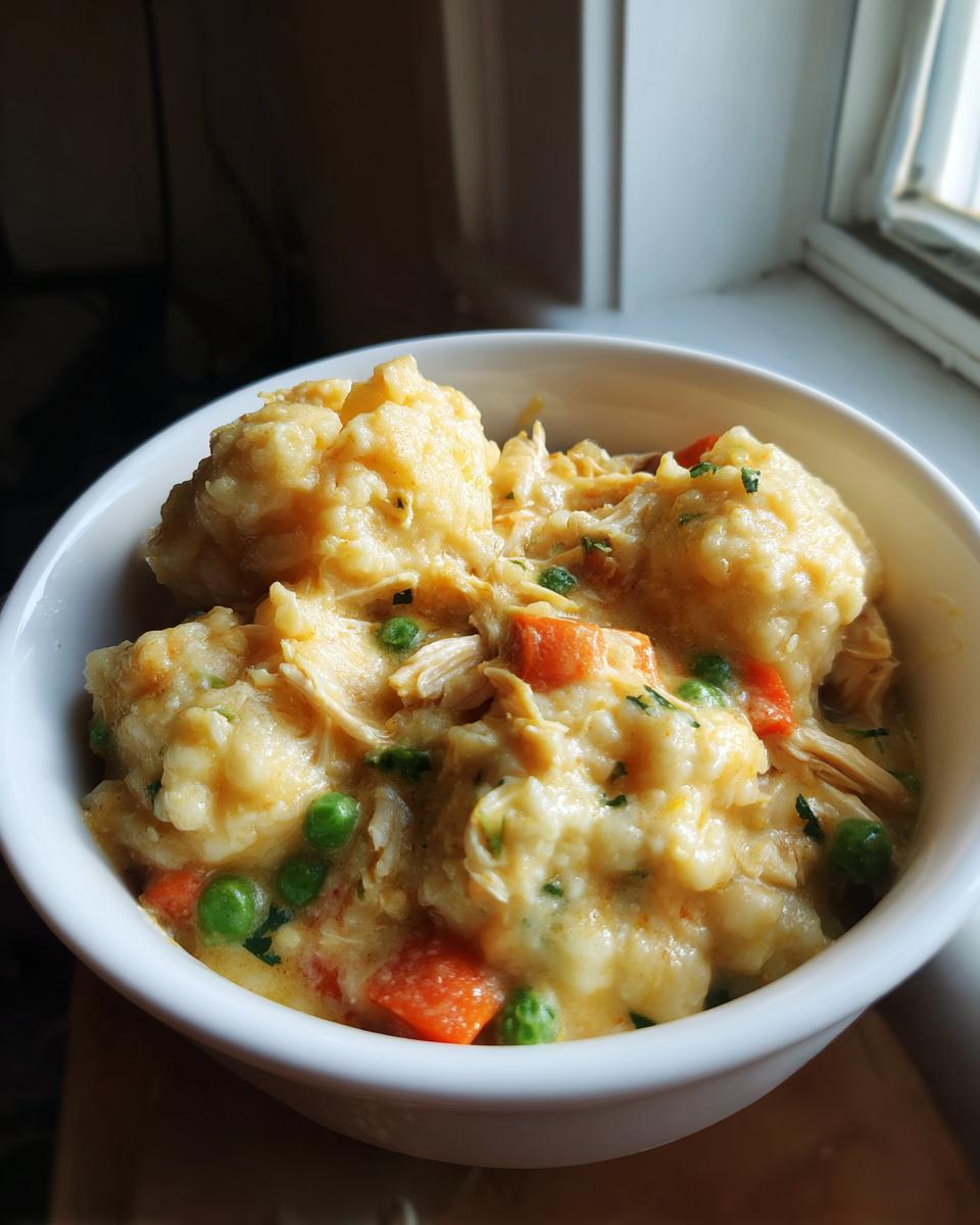 Close-up of creamy chicken and vegetable stew topped with fluffy dumplings, featuring peas and carrots. Delicious dumplings recipe.