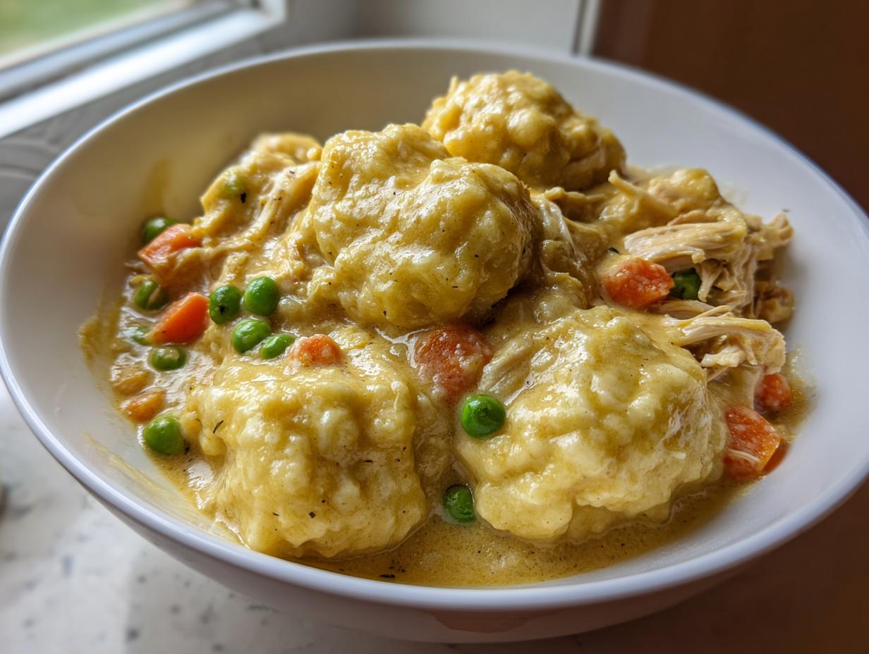 A close-up of creamy chicken and dumplings served in a white bowl with peas and carrots.