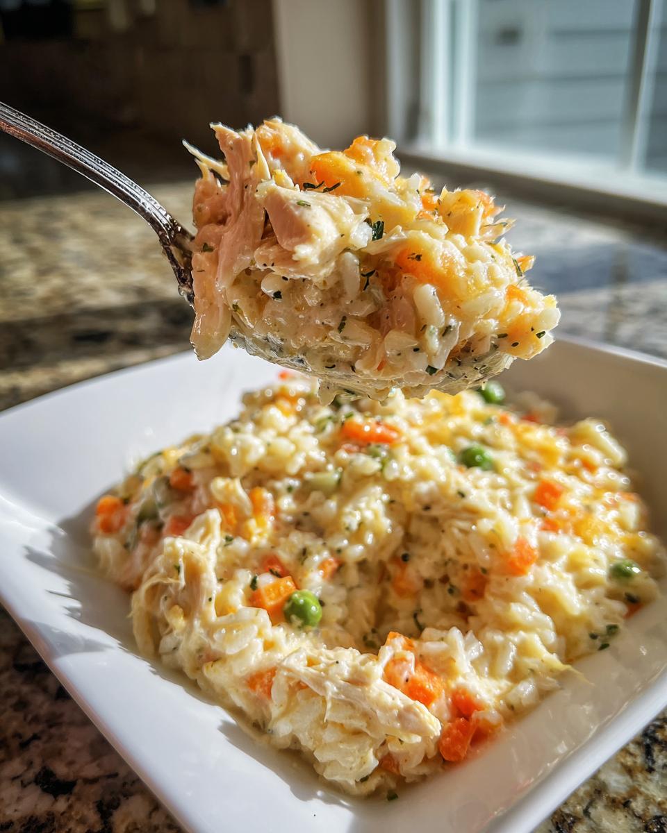 A spoonful lifted out of a white bowl showing creamy chicken and rice casserole mixed with carrots and peas.