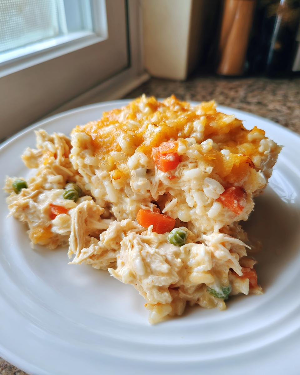 A serving of creamy chicken and rice casserole topped with melted cheddar cheese, showing shredded chicken, rice, peas, and carrots.