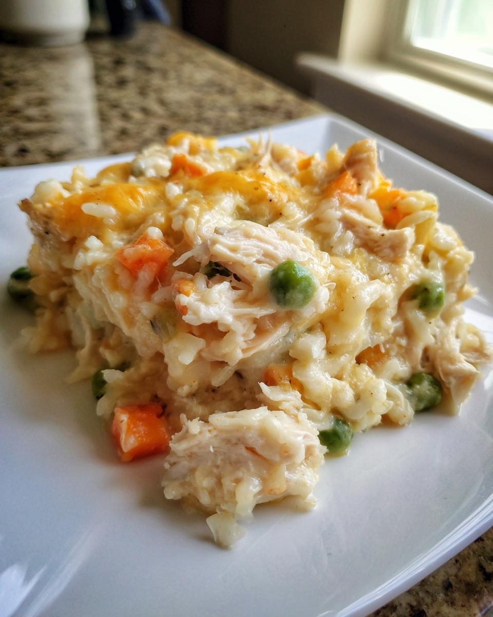 A close-up serving of creamy chicken and rice casserole topped with melted cheddar cheese, peas, and carrots.